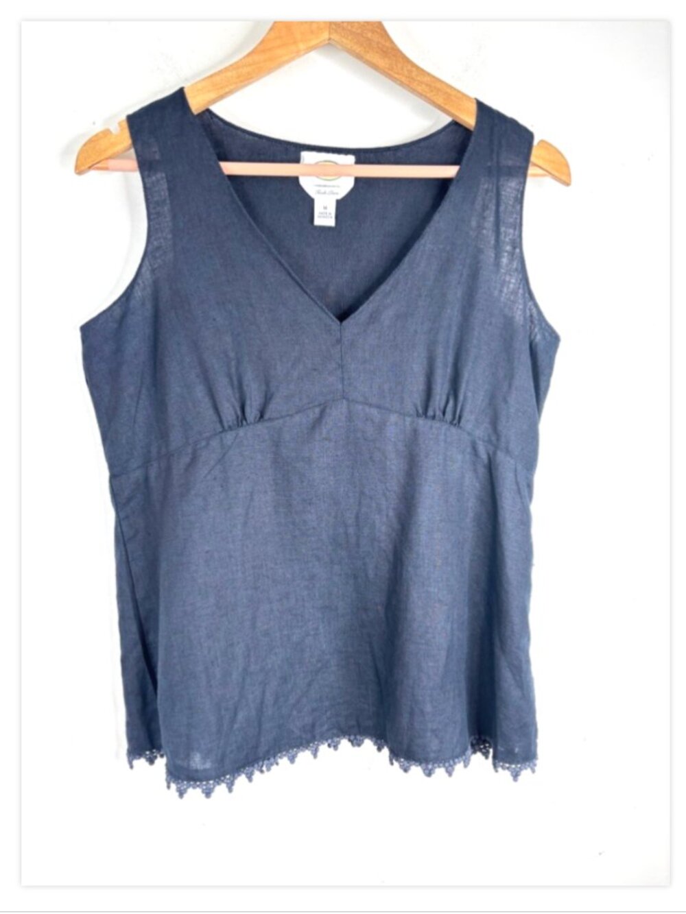 Talbots Irish Linen Babydoll Tank Top M Navy Blue Sleeveless V-Neck Lace Trim